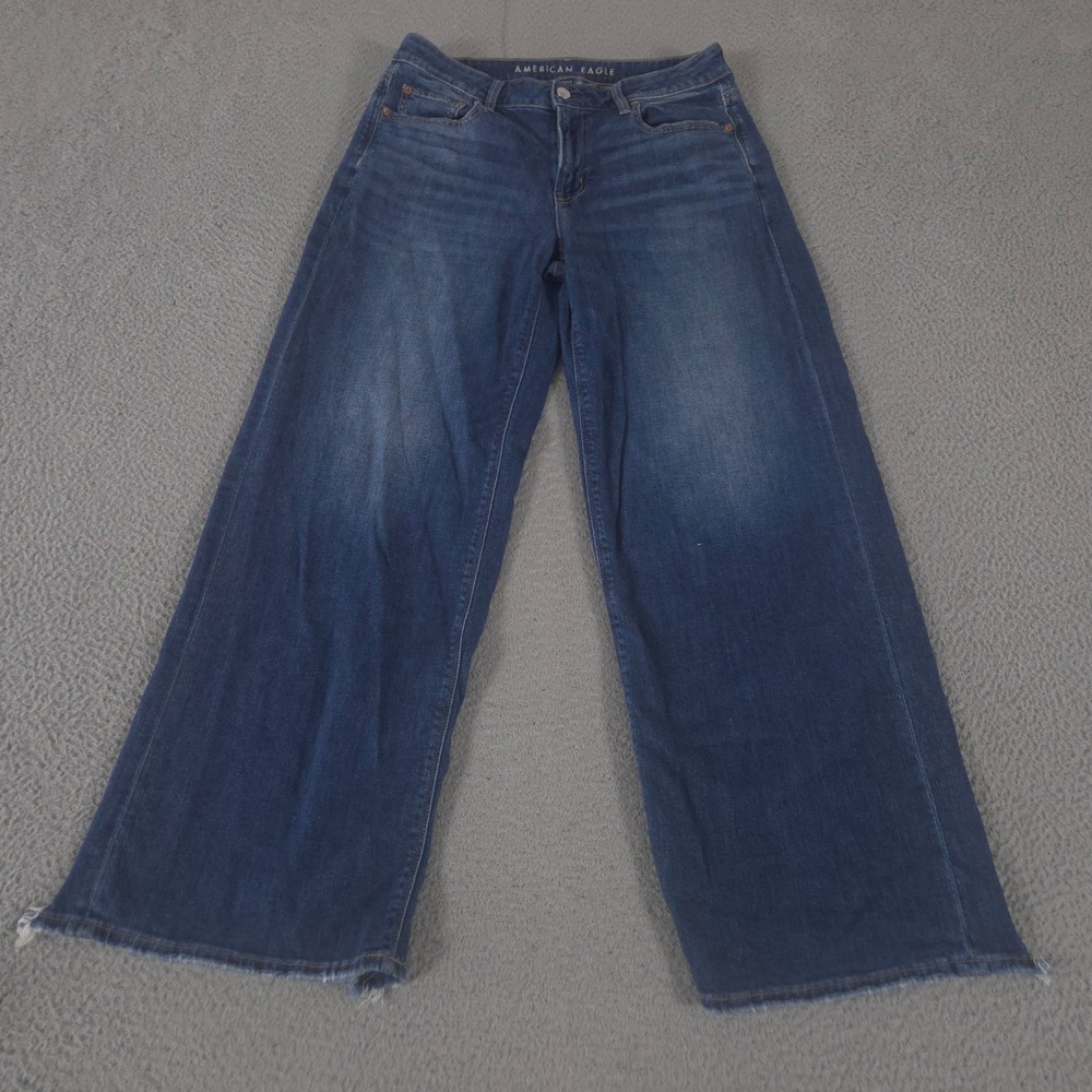 American Eagle Jeans Womens 4 Blue Low Rise Baggy Wide Leg Stretch Raw Hem Denim